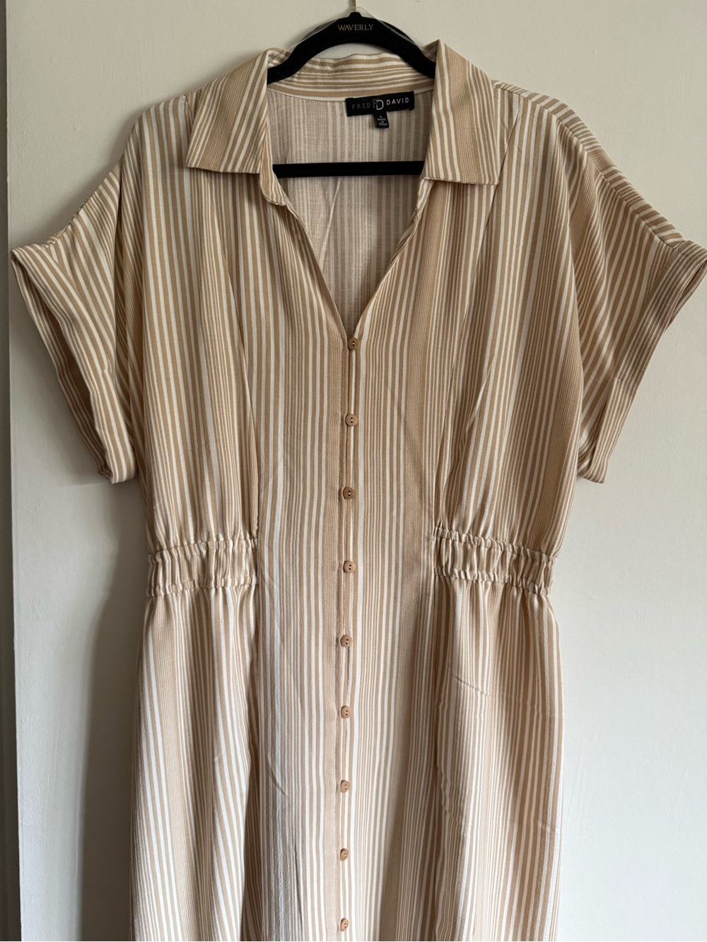Fred David Cream and Beige Striped Modi Dress Capped Sleeves Size Large NWOT